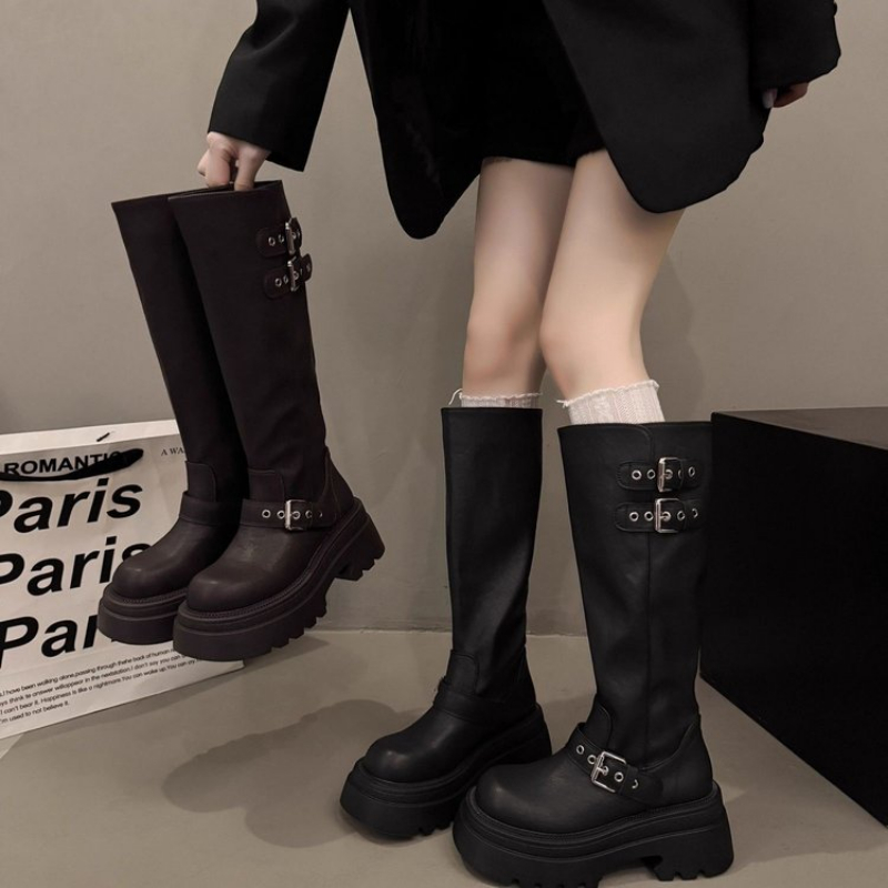 Elastic Waistband Roll - Women Chunky Platform Knee High Boots